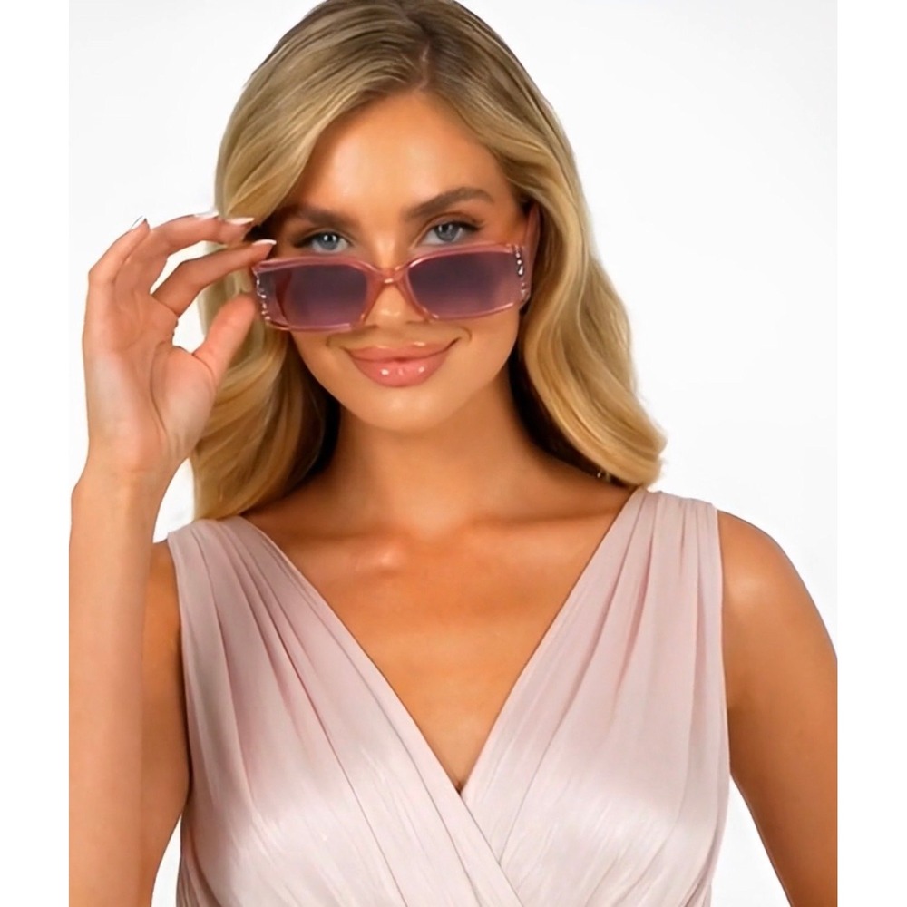 Pink Rectangle Rhinestone Sunglasses Women Retro Gradient Lens Luxury Shades NEW